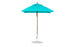 The Ledge Lounger Essential Fiberglass 6.5 Square Pulley Umbrella has a turquoise marine-grade fabric canopy and aluminum center pole, providing durable shade. It stands on a sturdy round base against a white background.