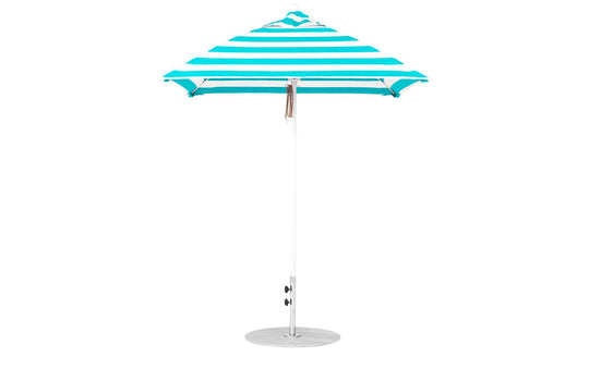 The Essential Fiberglass Umbrella - 6.5 Square Pulley by Ledge Lounger boasts striped turquoise and white marine-grade fabrics, a pointed top, and a flat, circular base with an aluminum center pole for enhanced durability.