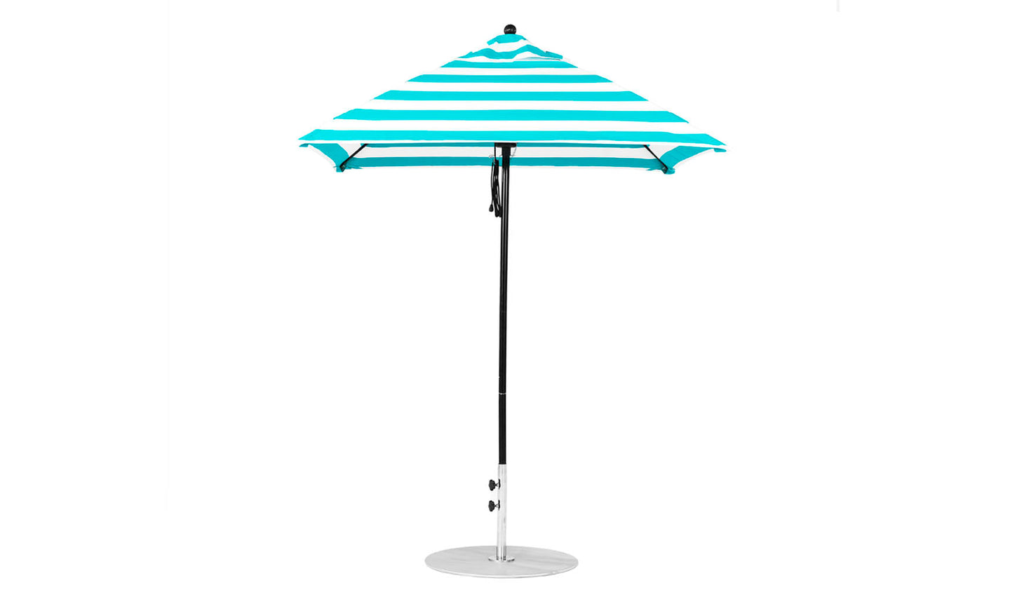 A blue and white striped Ledge Lounger Essential Fiberglass Umbrella, featuring a silver pole and round base made with marine-grade fabrics for durability, is set against a plain white background.
