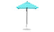 A blue and white striped Ledge Lounger Essential Fiberglass Umbrella, featuring a silver pole and round base made with marine-grade fabrics for durability, is set against a plain white background.