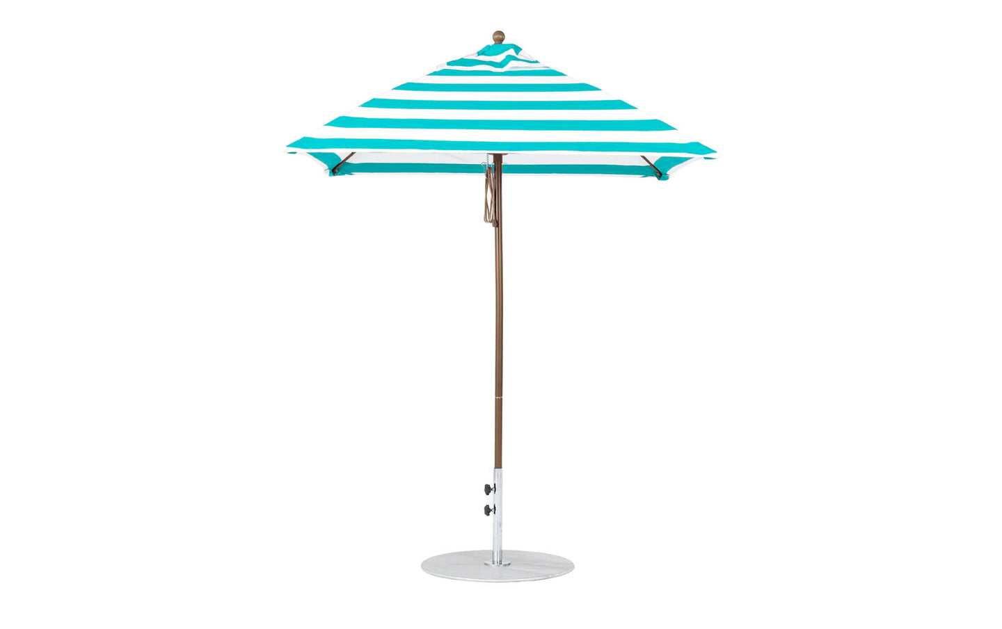 The Essential Fiberglass Umbrella by Ledge Lounger features green and white stripes with a sturdy metal pole and round base, against a plain white backdrop.