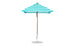 The Essential Fiberglass Umbrella by Ledge Lounger features green and white stripes with a sturdy metal pole and round base, against a plain white backdrop.