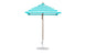 The Essential Fiberglass Umbrella by Ledge Lounger features green and white stripes with a sturdy metal pole and round base, against a plain white backdrop.