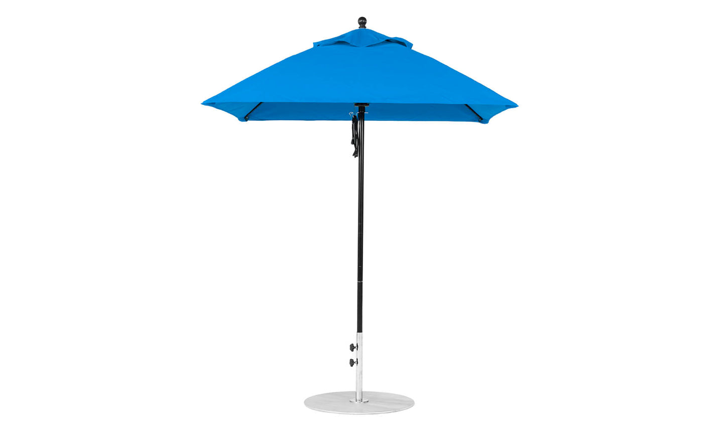 The Ledge Lounger Essential Fiberglass Umbrella - 6.5 Square Pulley in blue features an aluminum center pole and a round, flat metallic base. Its simple yet elegant design uses marine-grade fabrics for all-weather durability.