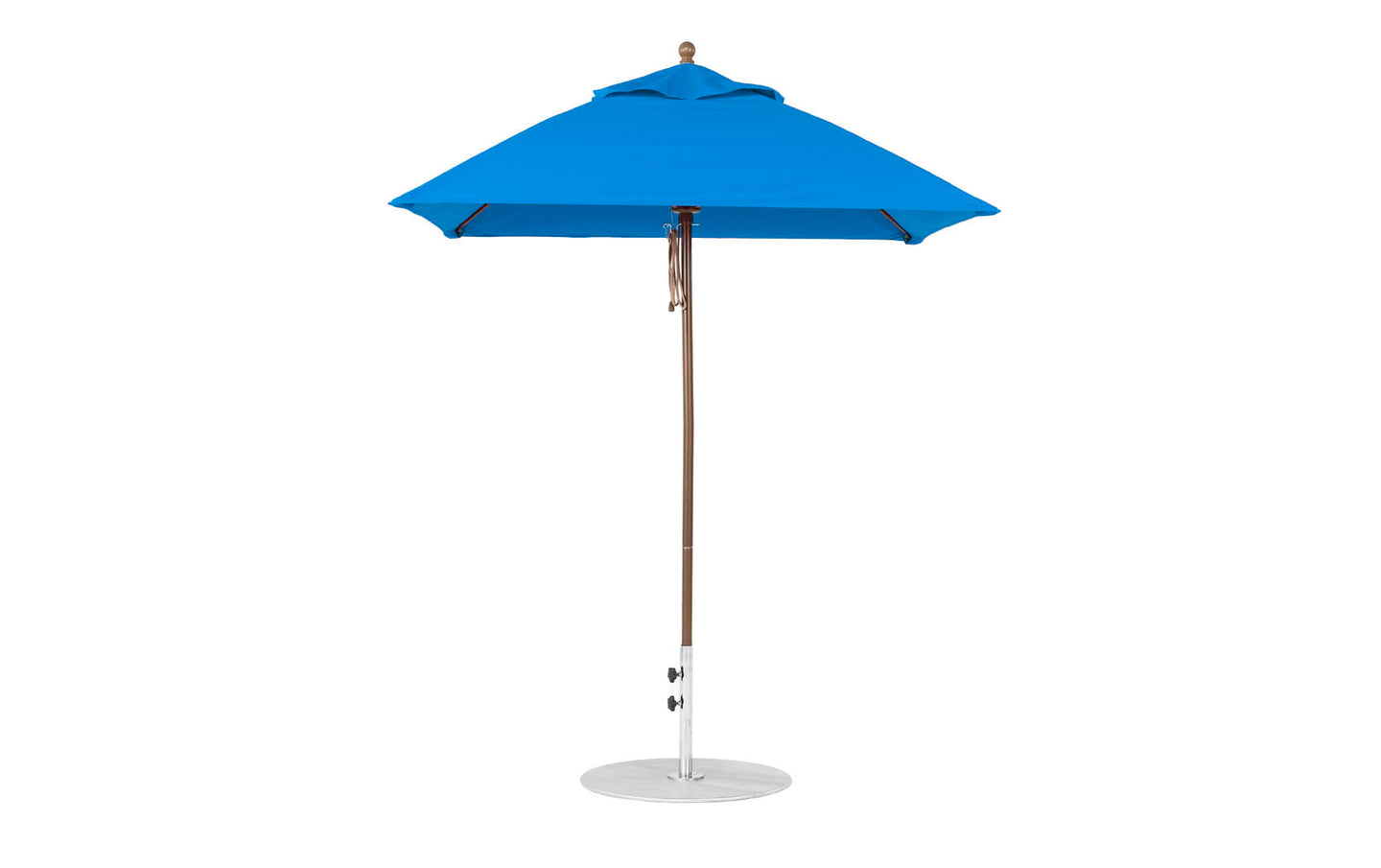 The Ledge Lounger Essential Fiberglass Umbrella - 6.5 Square Pulley features a blue marine-grade fabric and aluminum center pole with round base. Its pointed top and durable frame provide excellent shade, highlighted against a white background to accentuate its premium design.
