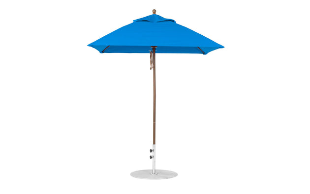 The Ledge Lounger Essential Fiberglass Umbrella - 6.5 Square Pulley features a blue marine-grade fabric and aluminum center pole with round base. Its pointed top and durable frame provide excellent shade, highlighted against a white background to accentuate its premium design.