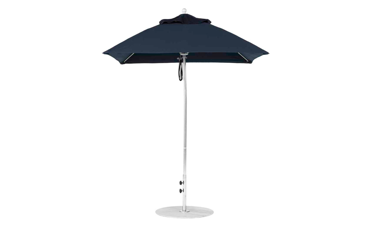 Against a white background, the open Ledge Lounger Essential Fiberglass Umbrella - 6.5 Square Pulley is displayed, featuring a navy blue marine-grade fabric canopy, an aluminum center pole, and a round base, providing ample shade.