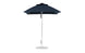 Against a white background, the open Ledge Lounger Essential Fiberglass Umbrella - 6.5 Square Pulley is displayed, featuring a navy blue marine-grade fabric canopy, an aluminum center pole, and a round base, providing ample shade.
