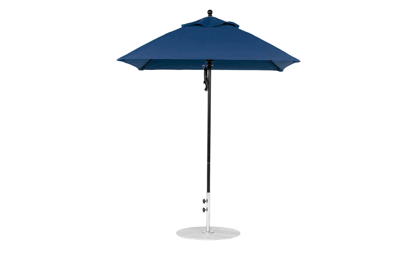 A Ledge Lounger Essential Fiberglass Umbrella in a vibrant blue, featuring an aluminum center pole and a round silver base, stands fully open against a white background, highlighting its robust 6.5 square pulley design with marine-grade fabric.