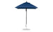 A Ledge Lounger Essential Fiberglass Umbrella in a vibrant blue, featuring an aluminum center pole and a round silver base, stands fully open against a white background, highlighting its robust 6.5 square pulley design with marine-grade fabric.