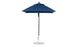 A Ledge Lounger Essential Fiberglass Umbrella in a vibrant blue, featuring an aluminum center pole and a round silver base, stands fully open against a white background, highlighting its robust 6.5 square pulley design with marine-grade fabric.