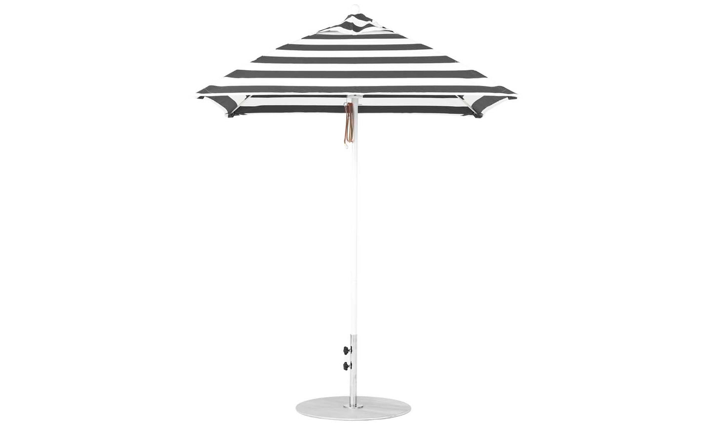 The Ledge Lounger Essential Fiberglass Umbrella - 6.5 Square Pulley features a pointed top and sleek aluminum center pole. The black and white marine-grade fabric bands offer a timeless style, standing upright on a circular base.