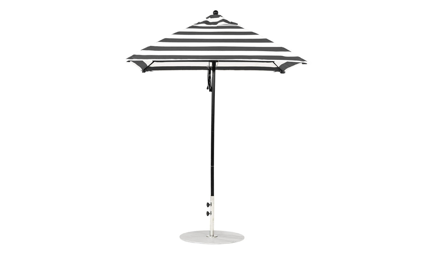 The Essential Fiberglass Umbrella - 6.5 Square Pulley by Ledge Lounger, featuring a durable aluminum pole and round silver base, stands upright against a plain white background with its elegant black and white stripes.