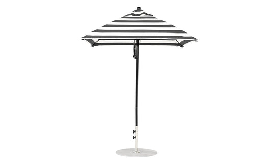 The Essential Fiberglass Umbrella - 6.5 Square Pulley by Ledge Lounger, featuring a durable aluminum pole and round silver base, stands upright against a plain white background with its elegant black and white stripes.