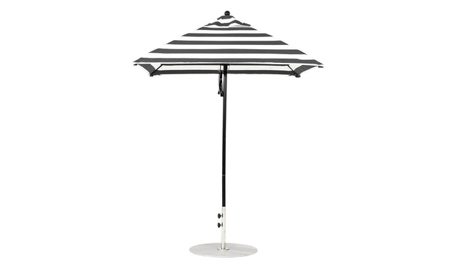 The Essential Fiberglass Umbrella - 6.5 Square Pulley by Ledge Lounger, featuring a durable aluminum pole and round silver base, stands upright against a plain white background with its elegant black and white stripes.