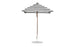 The Ledge Lounger Essential Fiberglass Umbrella - 6.5 Square Pulley has marine-grade fabrics with a black and white striped canopy, a pointed top, and is supported by a slender aluminum pole on a round white base against a plain white background.