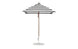 The Ledge Lounger Essential Fiberglass Umbrella - 6.5 Square Pulley has marine-grade fabrics with a black and white striped canopy, a pointed top, and is supported by a slender aluminum pole on a round white base against a plain white background.