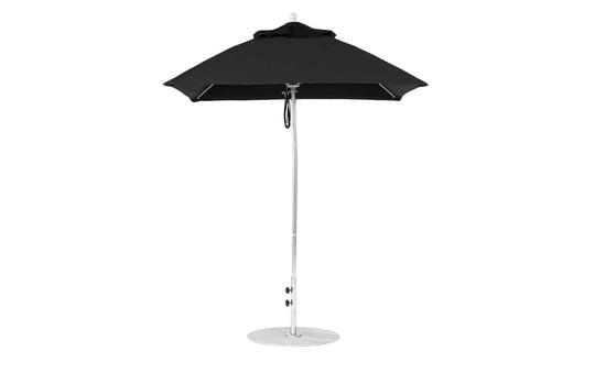The Essential Fiberglass Umbrella - 6.5 Square Pulley by Ledge Lounger boasts a sleek, modern design with a wide canopy of marine-grade fabric. It features an upright aluminum center pole and base, elegantly revealing the handle for both style and durability.