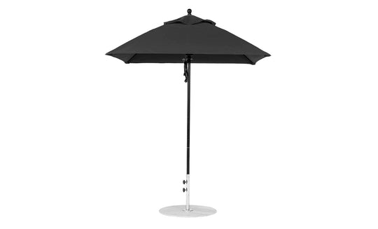 The Ledge Lounger Essential Fiberglass Umbrella - 6.5 Square Pulley features a modern design with a black canopy and aluminum center pole. Its round metallic base enhances its minimalist look, making it ideal for any patio setting.