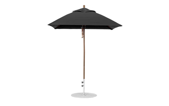 The Essential Fiberglass Umbrella by Ledge Lounger is a black 6.5 square umbrella made with marine-grade fabric and a wooden pole, featuring a round metal base and a top finial, isolated on a white background.