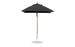 The Essential Fiberglass Umbrella by Ledge Lounger is a black 6.5 square umbrella made with marine-grade fabric and a wooden pole, featuring a round metal base and a top finial, isolated on a white background.