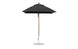 The Essential Fiberglass Umbrella by Ledge Lounger is a black 6.5 square umbrella made with marine-grade fabric and a wooden pole, featuring a round metal base and a top finial, isolated on a white background.