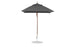 A dark gray patio umbrella by Ledge Lounger, featuring a wooden pole and round metal base, designed with marine-grade fabric. Known as the Essential Fiberglass Umbrella - 6.5 Square Pulley, it has a simple, elegant design and stands open on a flat white surface.