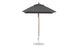 A dark gray patio umbrella by Ledge Lounger, featuring a wooden pole and round metal base, designed with marine-grade fabric. Known as the Essential Fiberglass Umbrella - 6.5 Square Pulley, it has a simple, elegant design and stands open on a flat white surface.