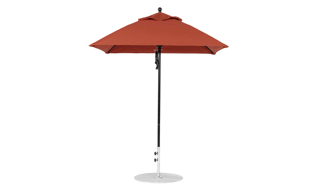 The Ledge Lounger Essential Fiberglass Umbrella - 6.5 Square Pulley features a durable brown marine-grade fabric canopy, an aluminum center pole, and a round silver base, offering generous shade against a plain white background.