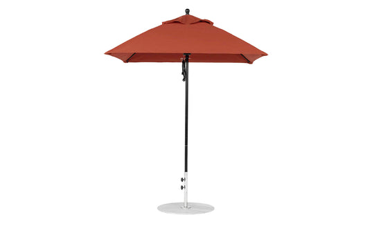 The Ledge Lounger Essential Fiberglass Umbrella - 6.5 Square Pulley features a durable brown marine-grade fabric canopy, an aluminum center pole, and a round silver base, offering generous shade against a plain white background.