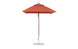 A red Essential Fiberglass Umbrella by Ledge Lounger, with a wooden pole and circular gray base, stands open. Its 6.5 square canopy is crafted from marine-grade fabrics for enhanced durability outdoors.