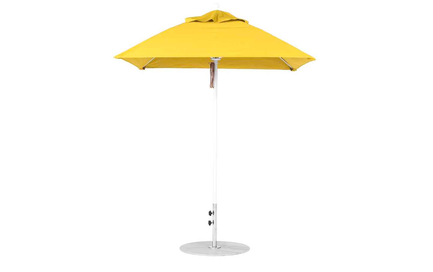 The Ledge Lounger Essential Fiberglass Umbrella - 6.5 Square Pulley is a standalone yellow umbrella featuring an aluminum center pole and silver base. Its durable marine-grade fabrics ensure lasting quality, providing perfect shade for patios or gardens with its simple design.