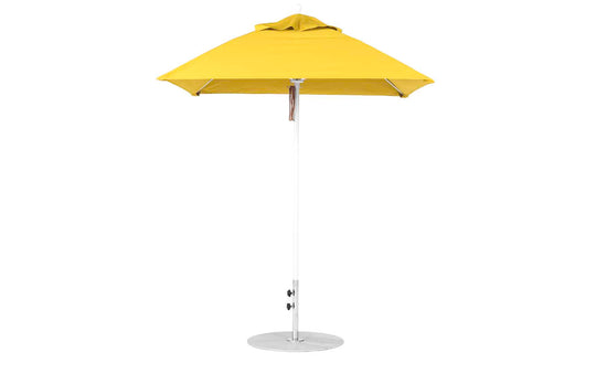The Ledge Lounger Essential Fiberglass Umbrella - 6.5 Square Pulley is a standalone yellow umbrella featuring an aluminum center pole and silver base. Its durable marine-grade fabrics ensure lasting quality, providing perfect shade for patios or gardens with its simple design.