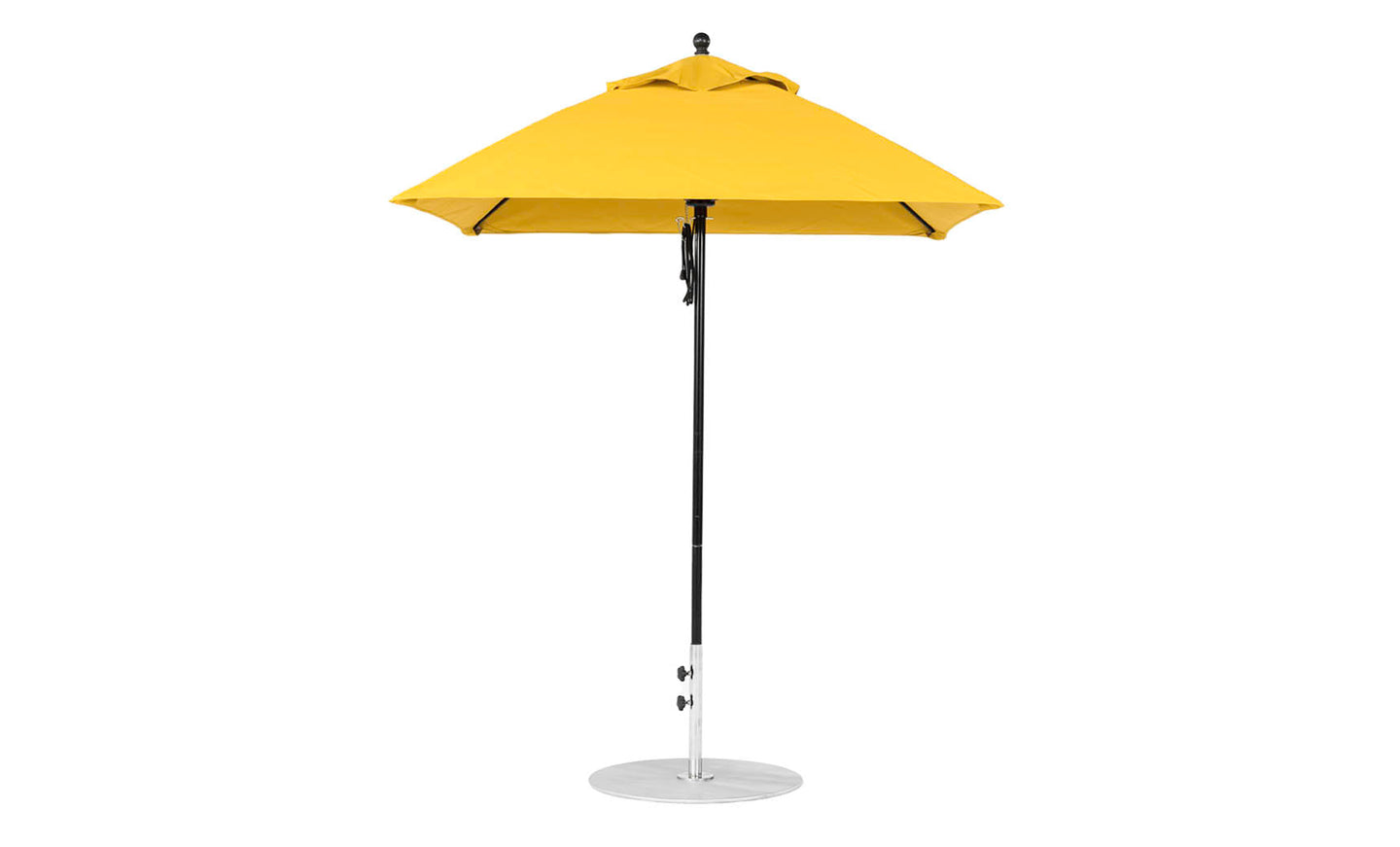 The Essential Fiberglass Umbrella - 6.5 Square Pulley by Ledge Lounger is a yellow patio umbrella with a silver, straight aluminum center pole and round base. It features durable marine-grade fabric and is ideal for outdoor use.