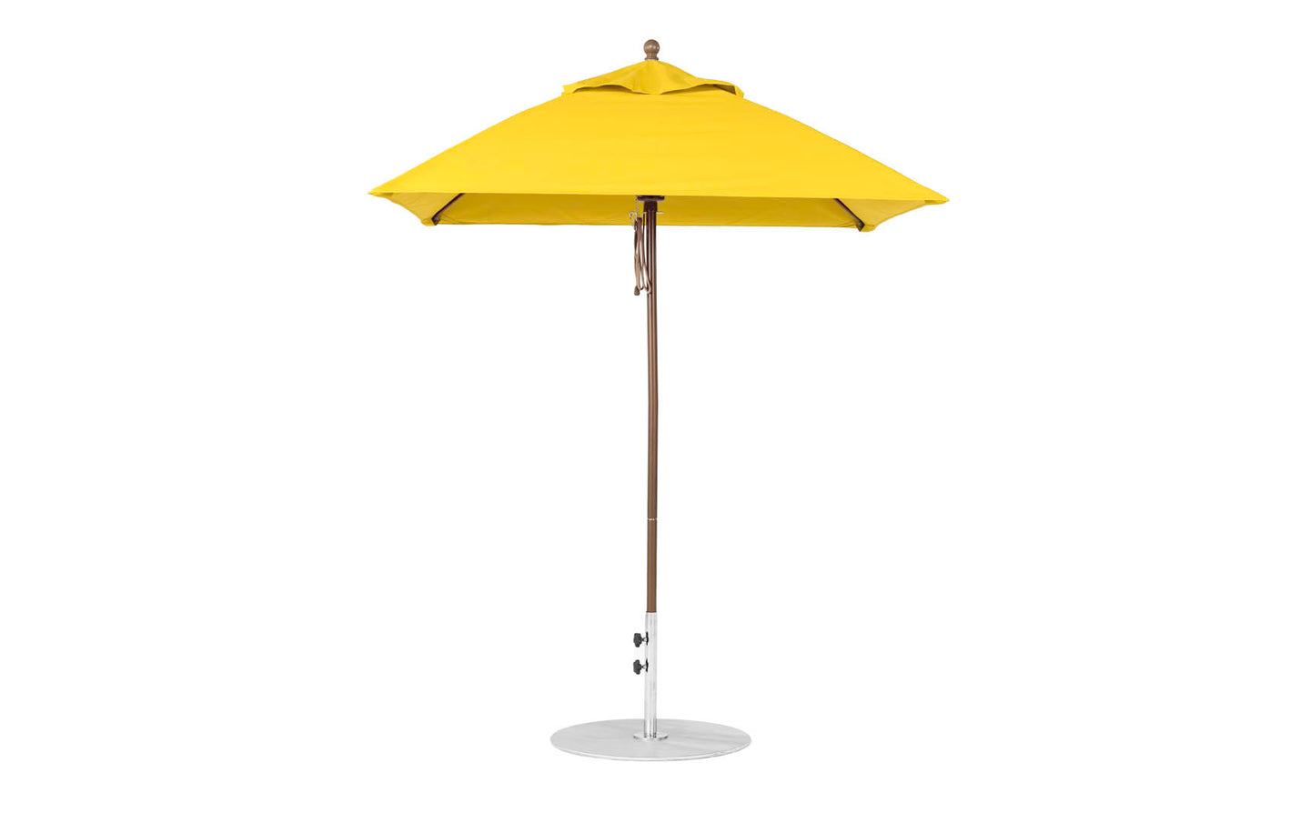 A yellow Essential Fiberglass Umbrella by Ledge Lounger, featuring a 6.5 square canopy and aluminum center pole with round base, stands upright against a white background.