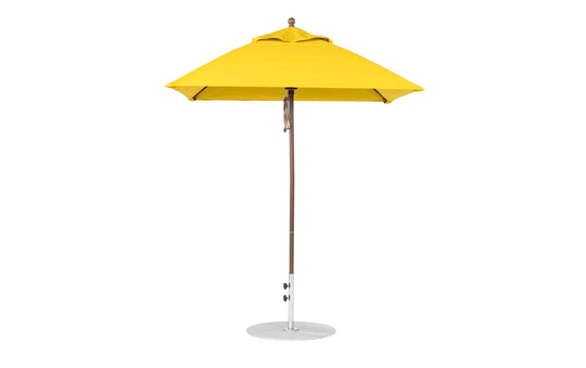 A yellow Essential Fiberglass Umbrella by Ledge Lounger, featuring a 6.5 square canopy and aluminum center pole with round base, stands upright against a white background.