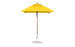 A yellow Essential Fiberglass Umbrella by Ledge Lounger, featuring a 6.5 square canopy and aluminum center pole with round base, stands upright against a white background.
