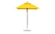 A yellow Essential Fiberglass Umbrella by Ledge Lounger, featuring a 6.5 square canopy and aluminum center pole with round base, stands upright against a white background.