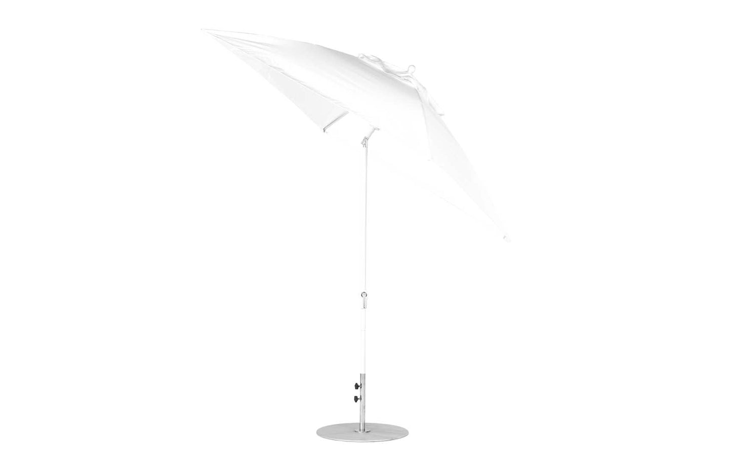 Introducing the Essential Fiberglass Umbrella by Ledge Lounger, a 7.5 square design with a sleek white canopy of marine-grade fabric, a corrosion-resistant metal pole, and sturdy round base for tilted support.
