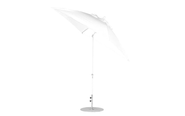 Introducing the Essential Fiberglass Umbrella by Ledge Lounger, a 7.5 square design with a sleek white canopy of marine-grade fabric, a corrosion-resistant metal pole, and sturdy round base for tilted support.