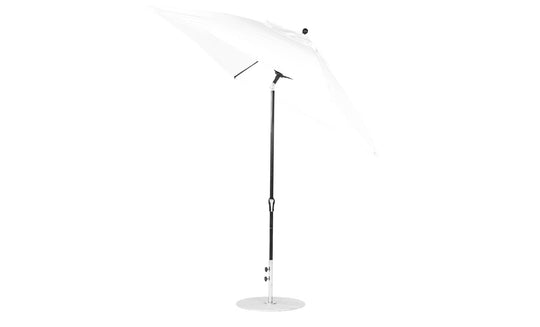 The white Ledge Lounger Essential Fiberglass Umbrella features a sleek metal pole, circular base, and an adjustable auto tilt. Ideal for outdoor use, this 7.5 square umbrella offers shade with corrosion-resistant materials and marine-grade fabrics.