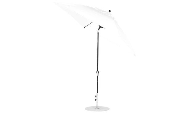 The white Ledge Lounger Essential Fiberglass Umbrella features a sleek metal pole, circular base, and an adjustable auto tilt. Ideal for outdoor use, this 7.5 square umbrella offers shade with corrosion-resistant materials and marine-grade fabrics.
