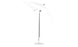 The white Ledge Lounger Essential Fiberglass Umbrella features a sleek metal pole, circular base, and an adjustable auto tilt. Ideal for outdoor use, this 7.5 square umbrella offers shade with corrosion-resistant materials and marine-grade fabrics.