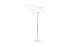 A Ledge Lounger Essential Fiberglass Umbrella, with a wooden pole and metal base, is fully opened and slightly angled. It features marine-grade fabrics for durability against the elements. Set against a plain white background, its elegance is undeniable.