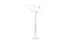 A Ledge Lounger Essential Fiberglass Umbrella, with a wooden pole and metal base, is fully opened and slightly angled. It features marine-grade fabrics for durability against the elements. Set against a plain white background, its elegance is undeniable.