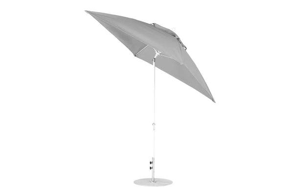 The Ledge Lounger Essential Fiberglass Umbrella - 7.5 Square Crank Auto Tilt, finished in sleek gray, is fully open with a tilt feature. Its crafted from corrosion-resistant materials and includes a sturdy central pole with a round base for robust outdoor shade.