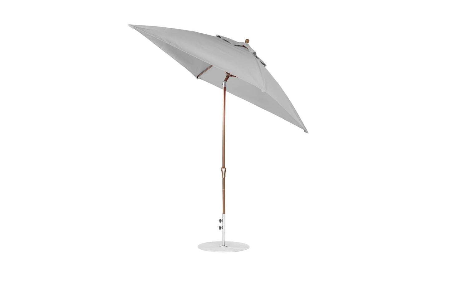 The Ledge Lounger Essential Fiberglass Umbrella, featuring a 7.5 square crank auto tilt design, has a large grey canopy made from marine-grade fabrics with a wooden pole and corrosion-resistant metal base, standing upright against a pristine white background.