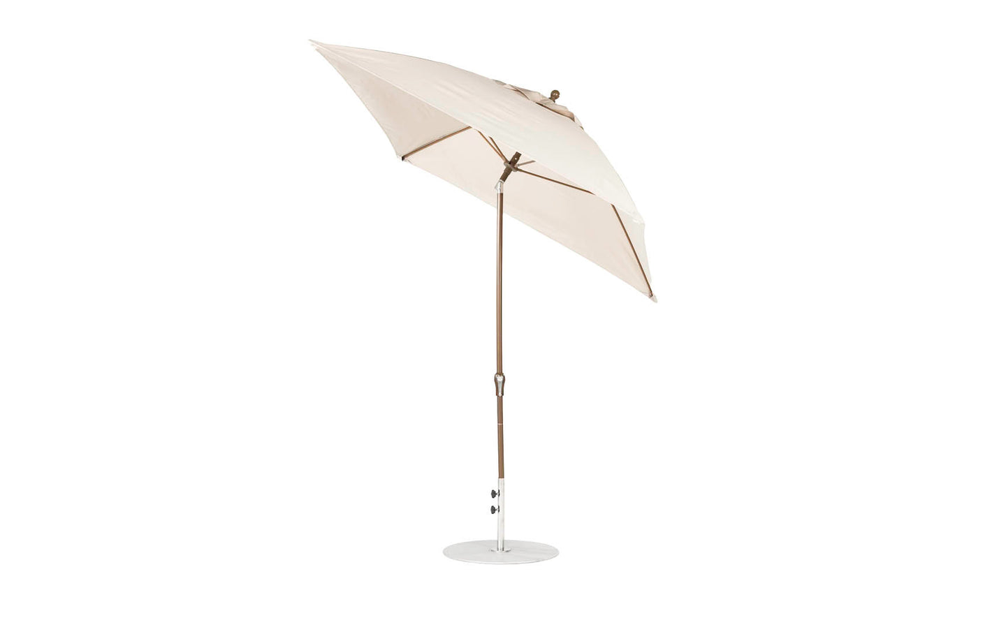 The Ledge Lounger Essential Fiberglass Umbrella features a beige canopy, marine-grade fabrics, wooden pole with crank, and round metallic base. Corrosion-resistant, it is fully opened and slightly tilted against a white background.