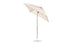 The Ledge Lounger Essential Fiberglass Umbrella features a beige canopy, marine-grade fabrics, wooden pole with crank, and round metallic base. Corrosion-resistant, it is fully opened and slightly tilted against a white background.