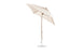 The Ledge Lounger Essential Fiberglass Umbrella features a beige canopy, marine-grade fabrics, wooden pole with crank, and round metallic base. Corrosion-resistant, it is fully opened and slightly tilted against a white background.